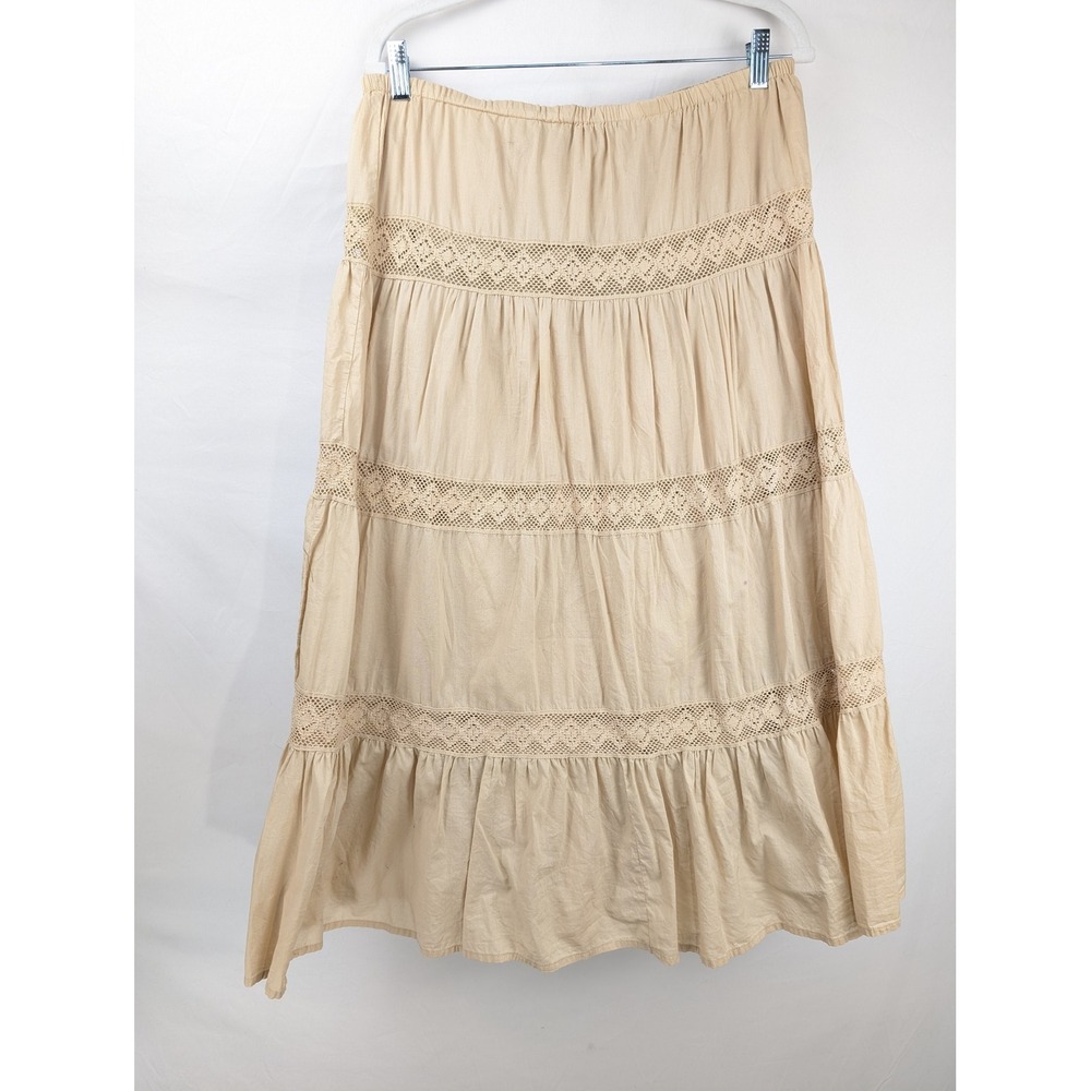Y2K Boho Crochet Lace Tiered Maxi Skirt Size M Tan Fairy Prairie Cottage Indie